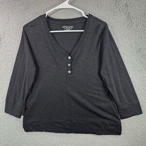 Chico's Black V Neck 3/4 Sleeve Button Henley‎ Top Women's Size 1